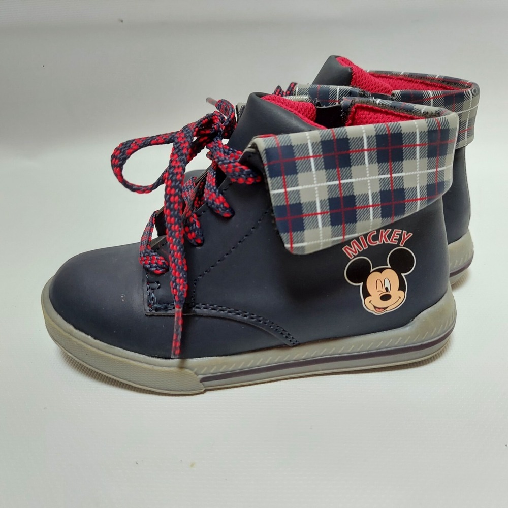 Disney Boys Mickey Mouse Boots Size 9 Navy Blue Preppy Plaid Trim Side Zip - Picture 5 of 11